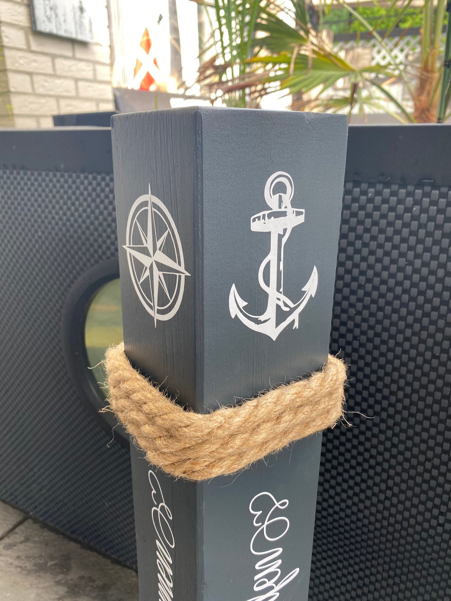 Decorative Wooden Column Bollard | Welcome to Our Home Port | Nautical Garden Decoration | Handmade Maritime Decor | Coastal Entrance Accent