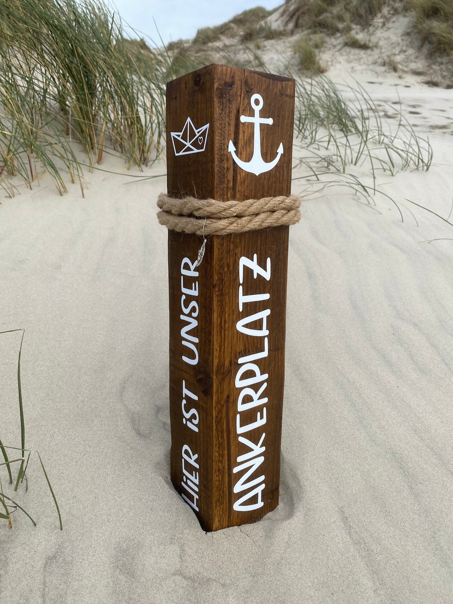 Decorative Wooden Bollard with Anchor & Boat | Maritime Garden Column | Handmade Nautical Stele | Rustic Seaside Decoration