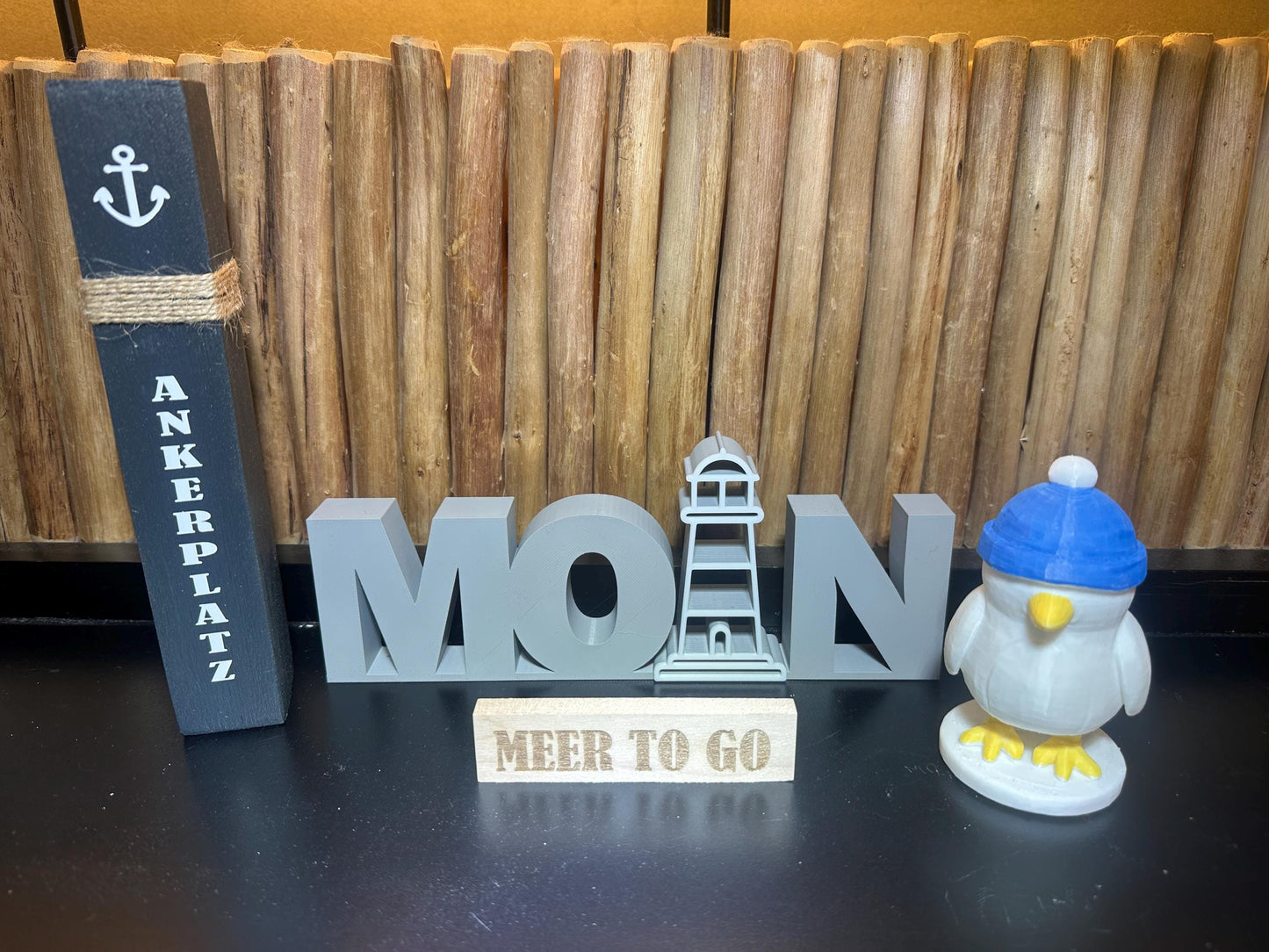 Meer to go Geschenkset, Maritimes Deko-Set (Mini-Poller + MOIN-Schriftzug + 3D-gedruckte Möwe) | Geschenk Einzug, Geburtstag, Weihnachten