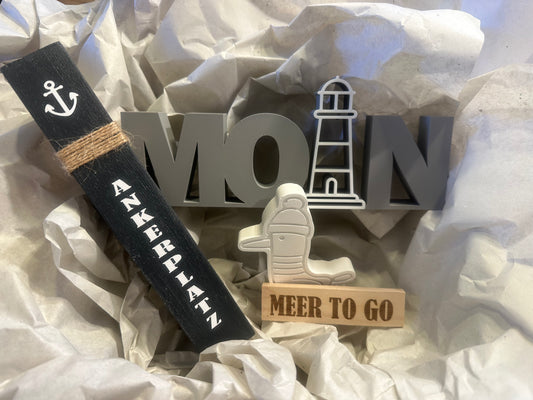 Meer to go Geschenkset | Maritimes Deko-Set aus Holz (Mini-Poller + MOIN-Schriftzug + Möwe) | Geschenkidee Einzug, Geburtstag, Weihnachten