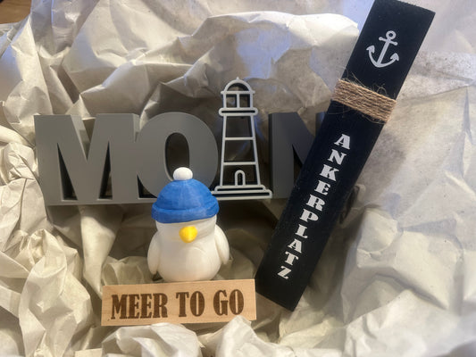 Meer to go Geschenkset, Maritimes Deko-Set (Mini-Poller + MOIN-Schriftzug + 3D-gedruckte Möwe) | Geschenk Einzug, Geburtstag, Weihnachten