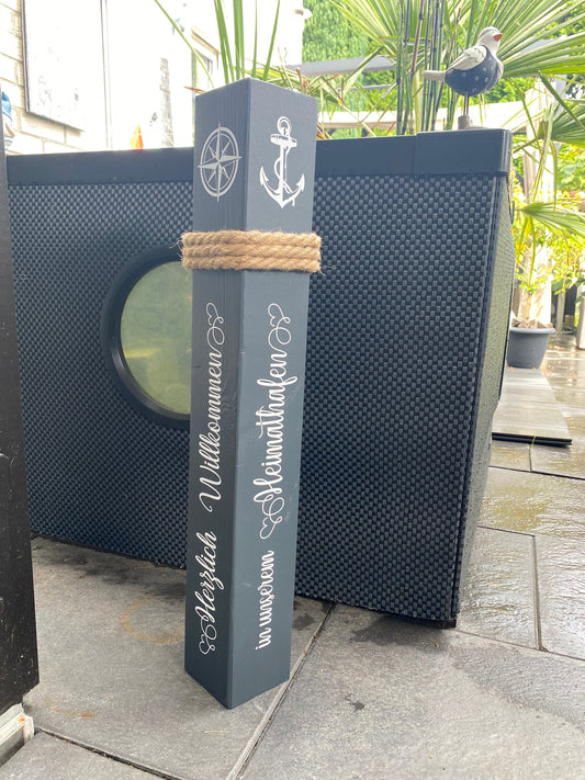 Decorative Wooden Column Bollard | Welcome to Our Home Port | Nautical Garden Decoration | Handmade Maritime Decor | Coastal Entrance Accent