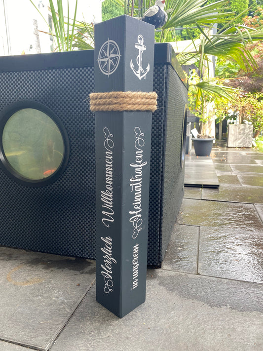 Decorative Wooden Column Bollard | Welcome to Our Home Port | Nautical Garden Decoration | Handmade Maritime Decor | Coastal Entrance Accent