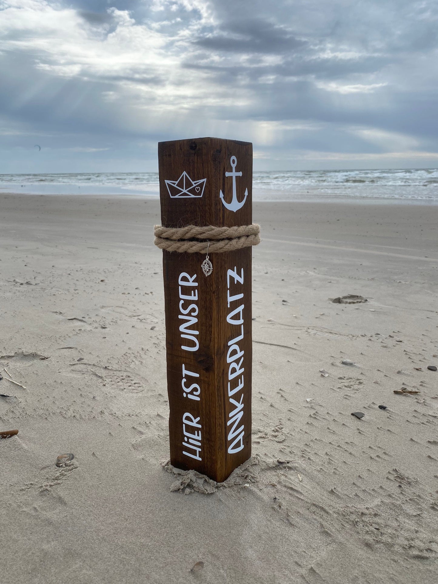 Decorative Wooden Bollard with Anchor & Boat | Maritime Garden Column | Handmade Nautical Stele | Rustic Seaside Decoration
