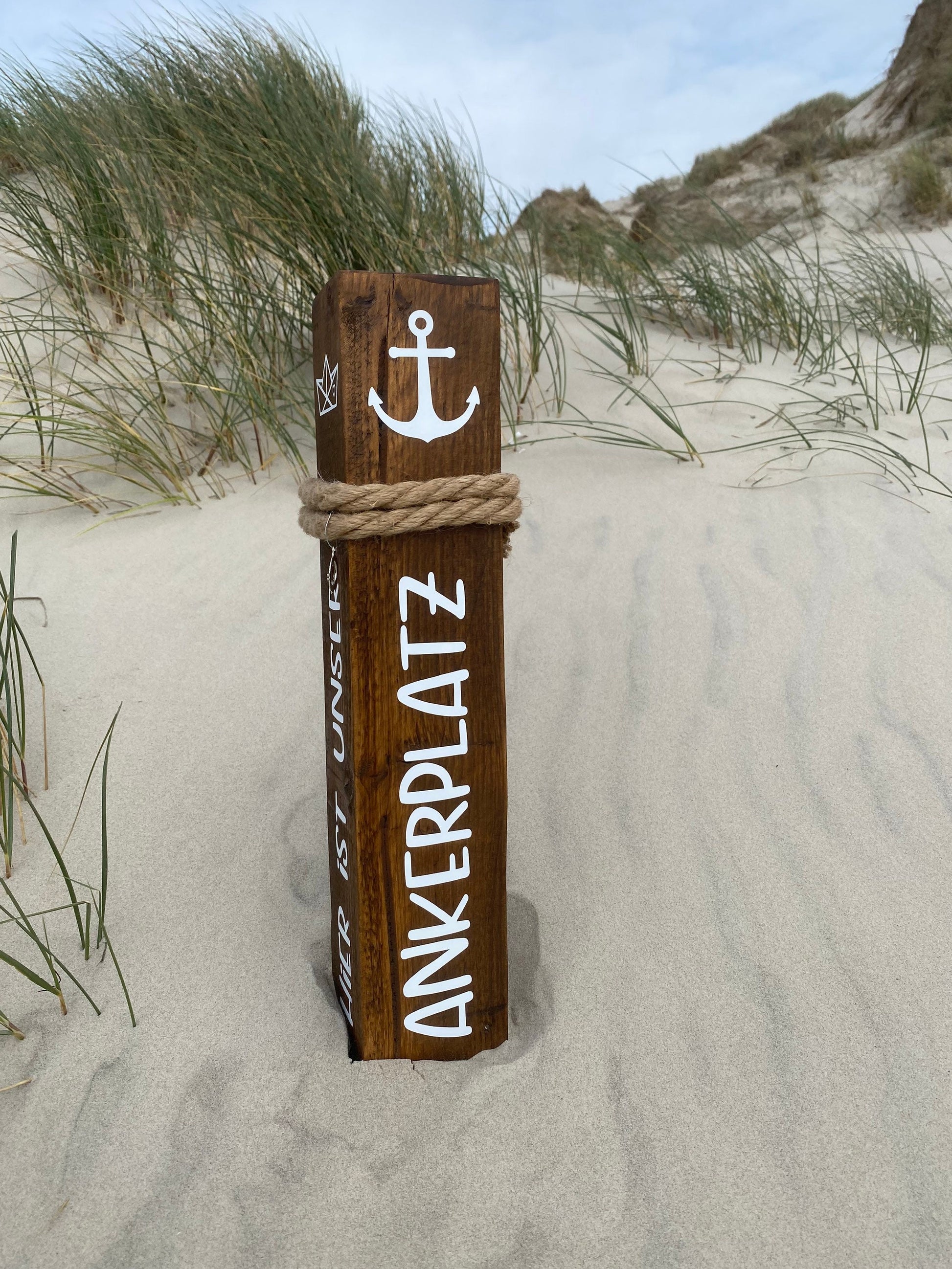 Decorative Wooden Bollard with Anchor & Boat | Maritime Garden Column | Handmade Nautical Stele | Rustic Seaside Decoration