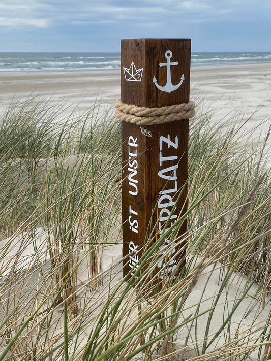 Decorative Wooden Bollard with Anchor & Boat | Maritime Garden Column | Handmade Nautical Stele | Rustic Seaside Decoration