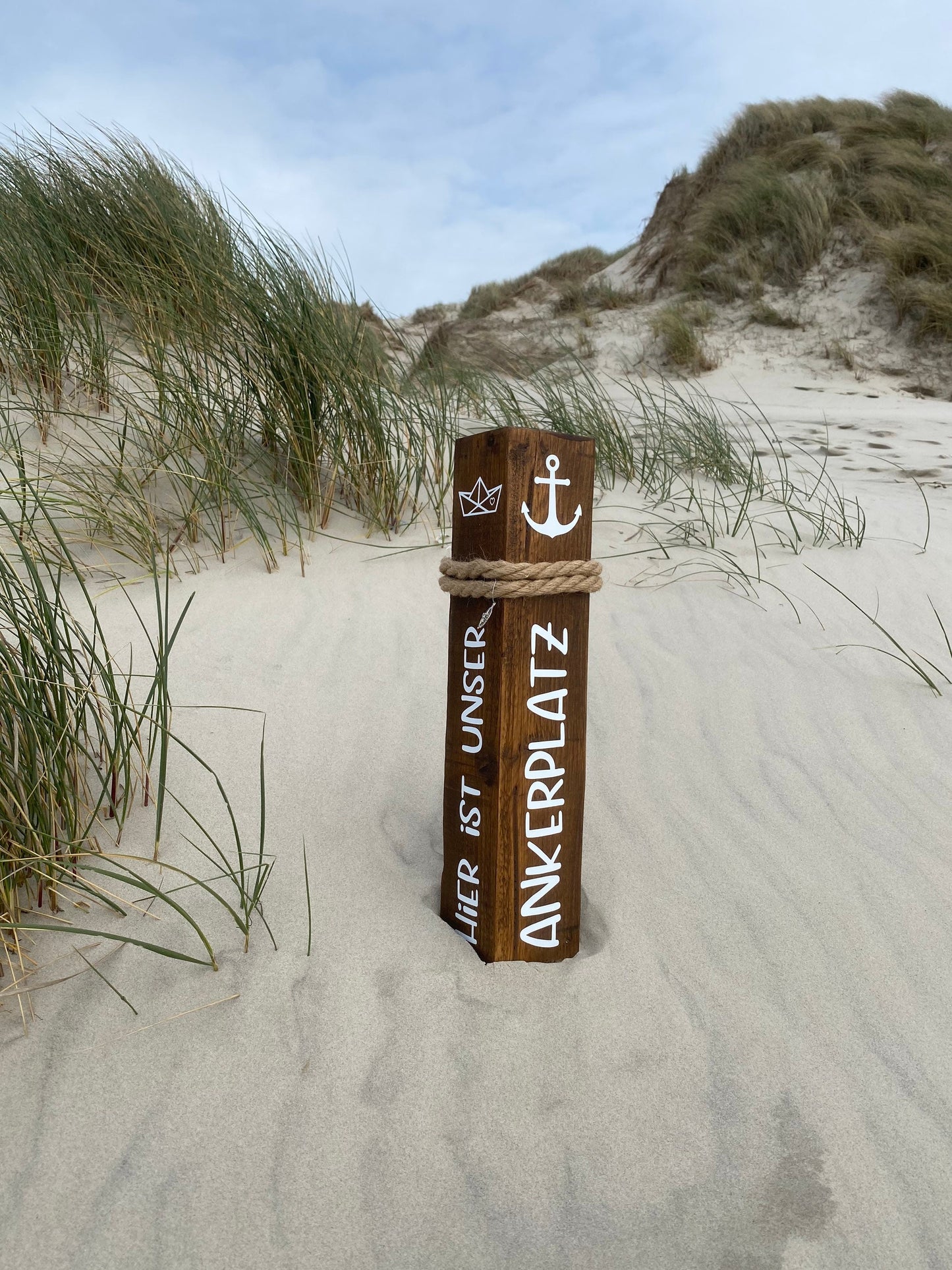 Decorative Wooden Bollard with Anchor & Boat | Maritime Garden Column | Handmade Nautical Stele | Rustic Seaside Decoration