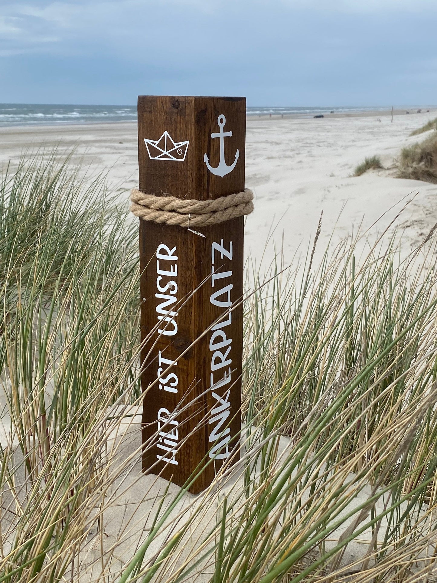 Decorative Wooden Bollard with Anchor & Boat | Maritime Garden Column | Handmade Nautical Stele | Rustic Seaside Decoration