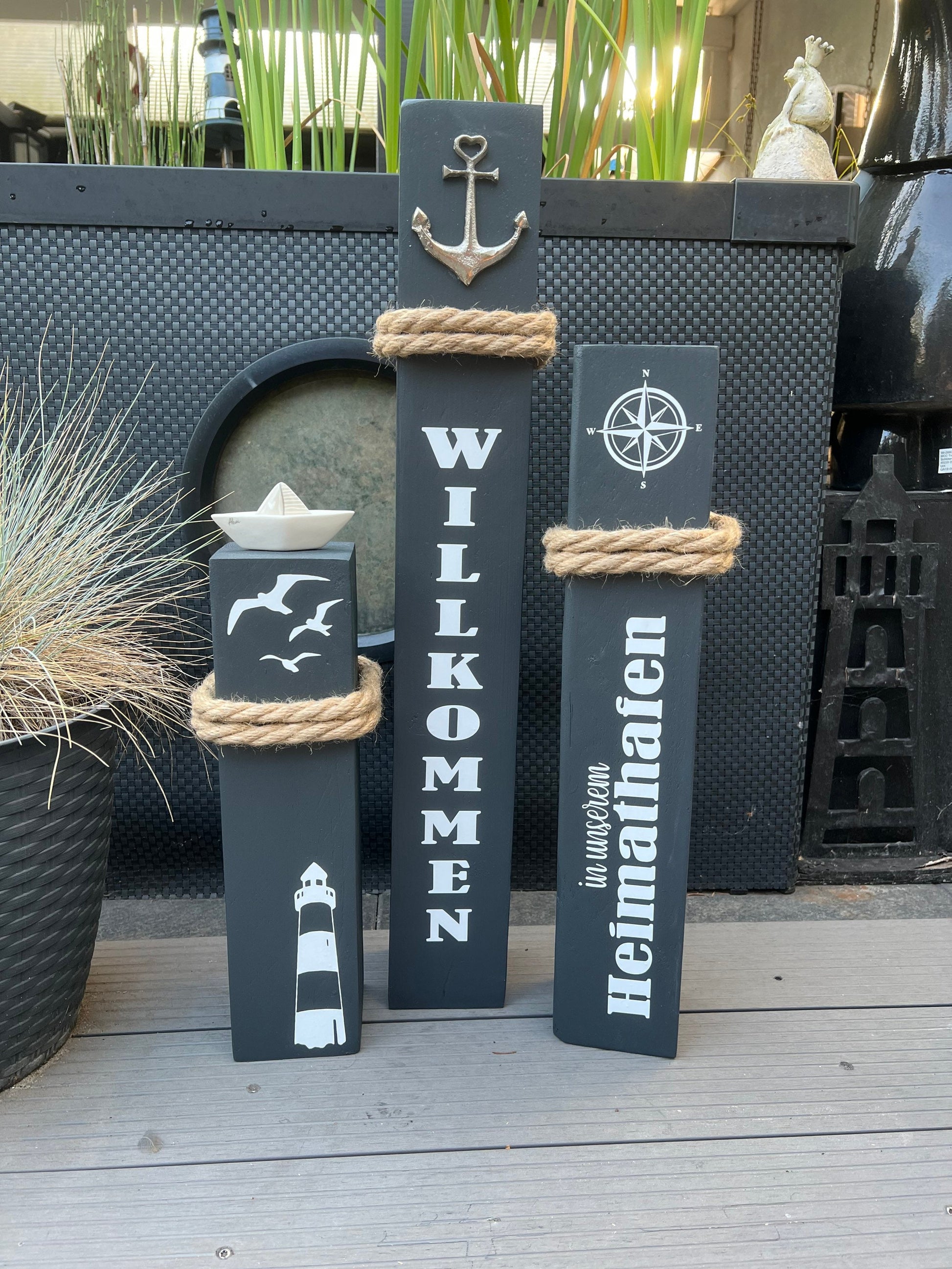 Set of 3 Decorative Wooden Columns | Nautical Anchor Bollard Stele | Coastal Garden & Home Port Decor | Handmade Maritime Decoration