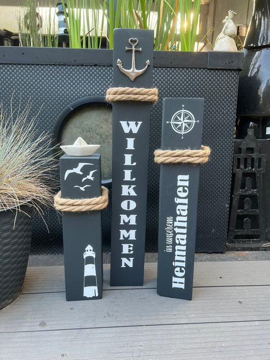 Set of 3 Decorative Wooden Columns | Nautical Anchor Bollard Stele | Coastal Garden & Home Port Decor | Handmade Maritime Decoration