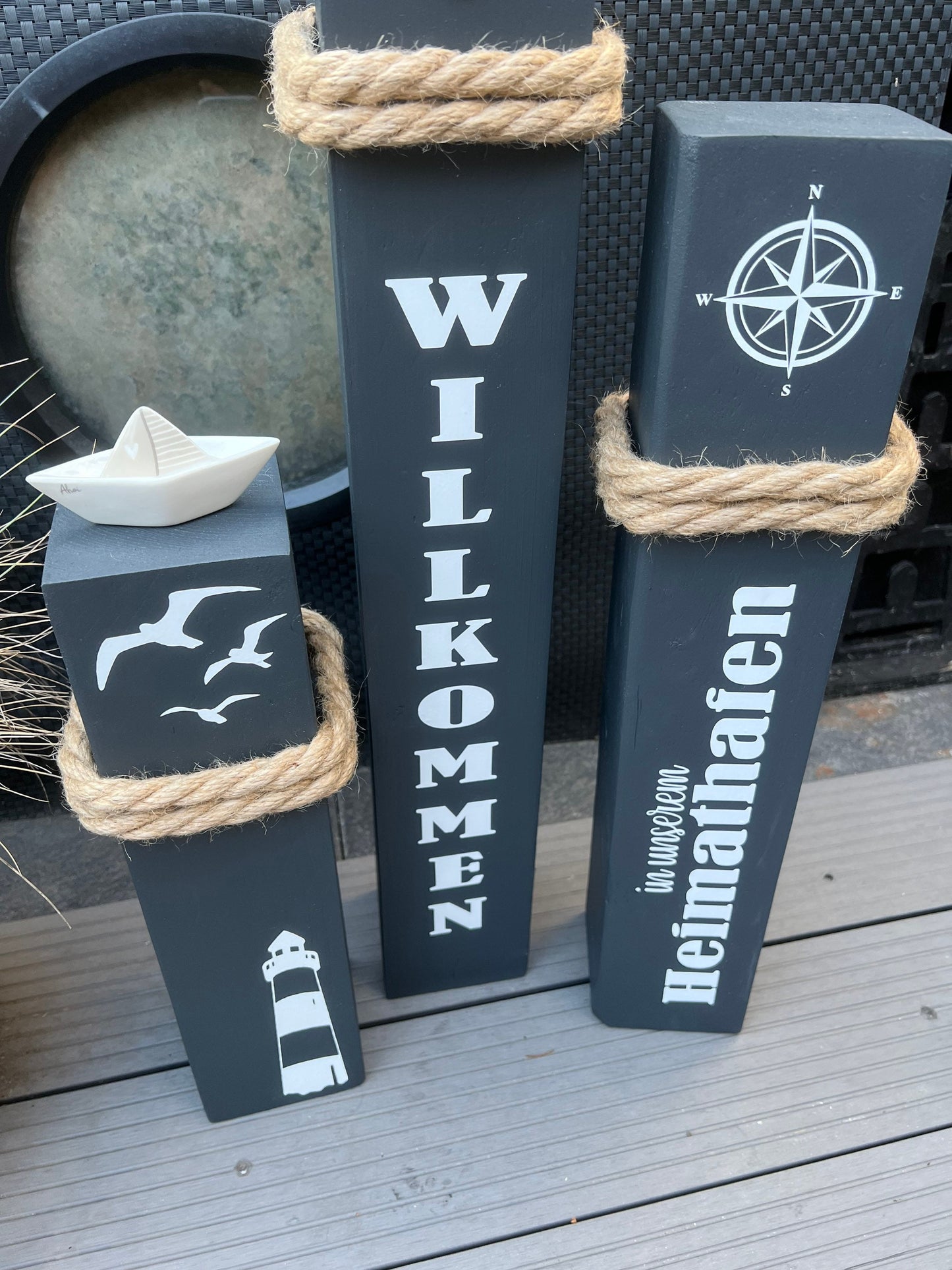 Set of 3 Decorative Wooden Columns | Nautical Anchor Bollard Stele | Coastal Garden & Home Port Decor | Handmade Maritime Decoration