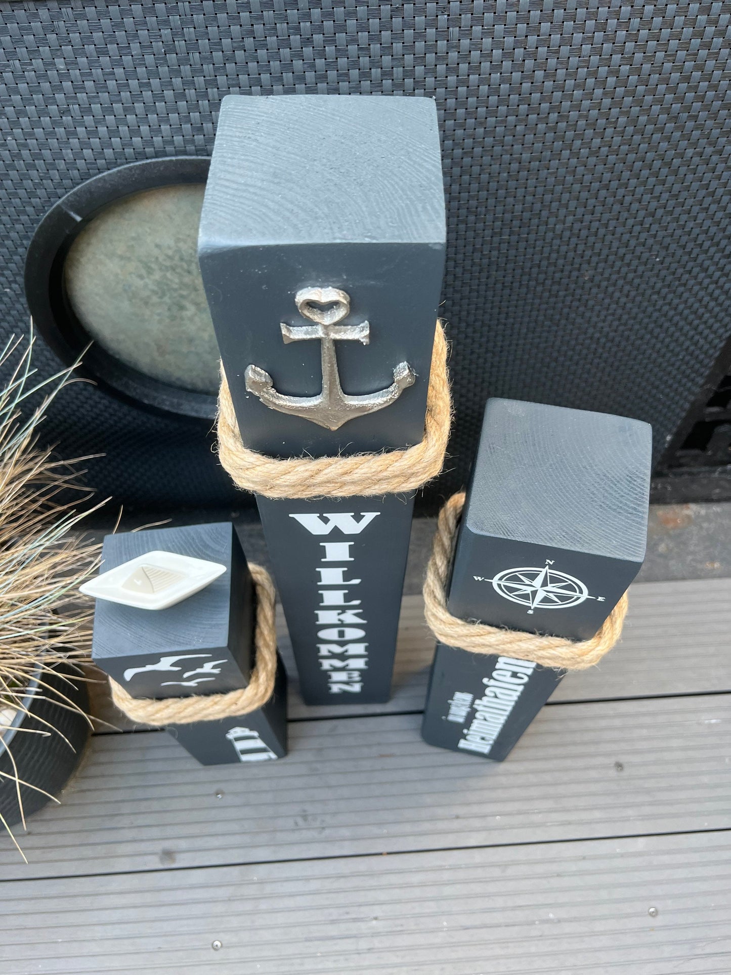 Set of 3 Decorative Wooden Columns | Nautical Anchor Bollard Stele | Coastal Garden & Home Port Decor | Handmade Maritime Decoration
