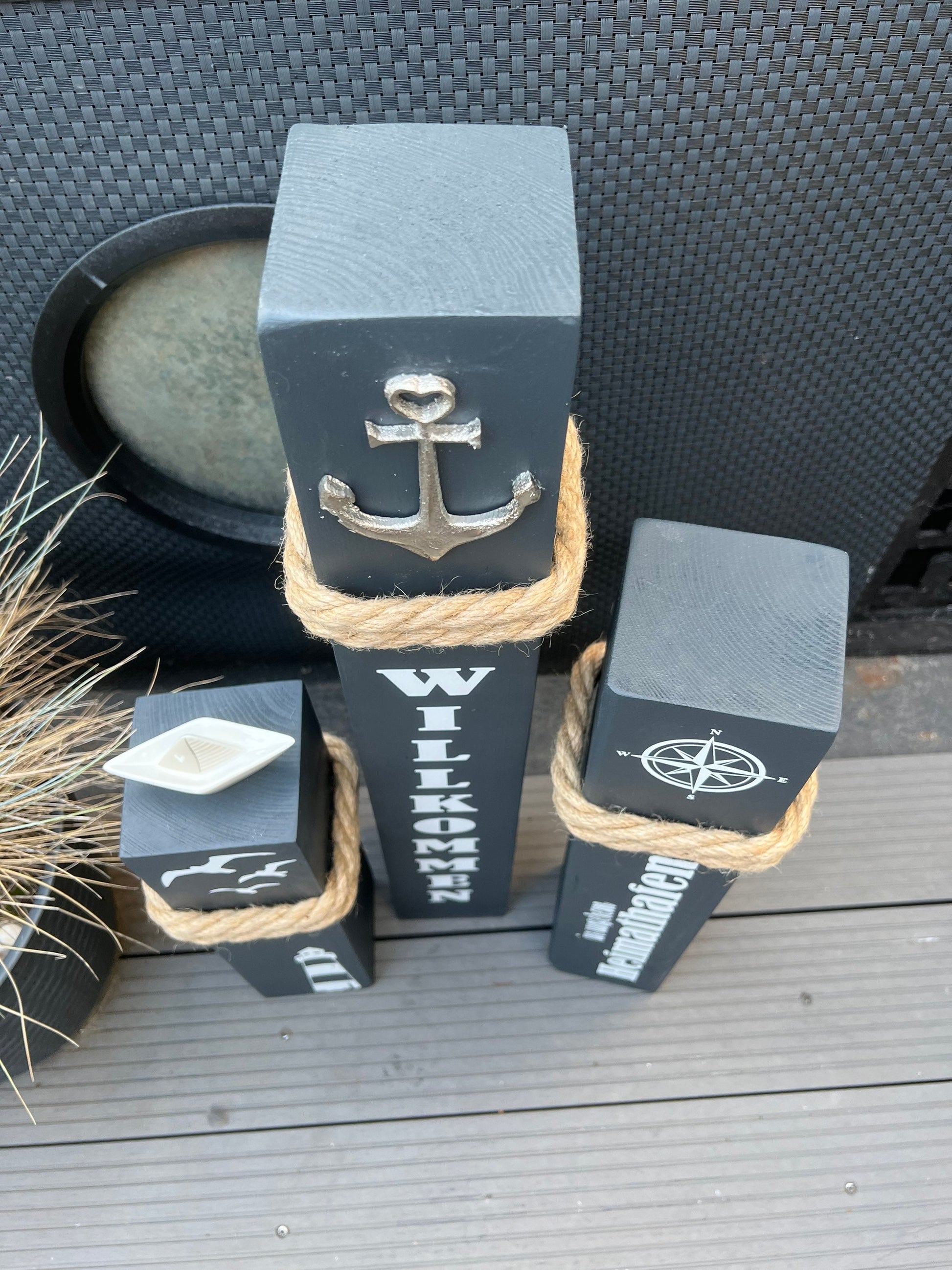 Set of 3 Decorative Wooden Columns | Nautical Anchor Bollard Stele | Coastal Garden & Home Port Decor | Handmade Maritime Decoration