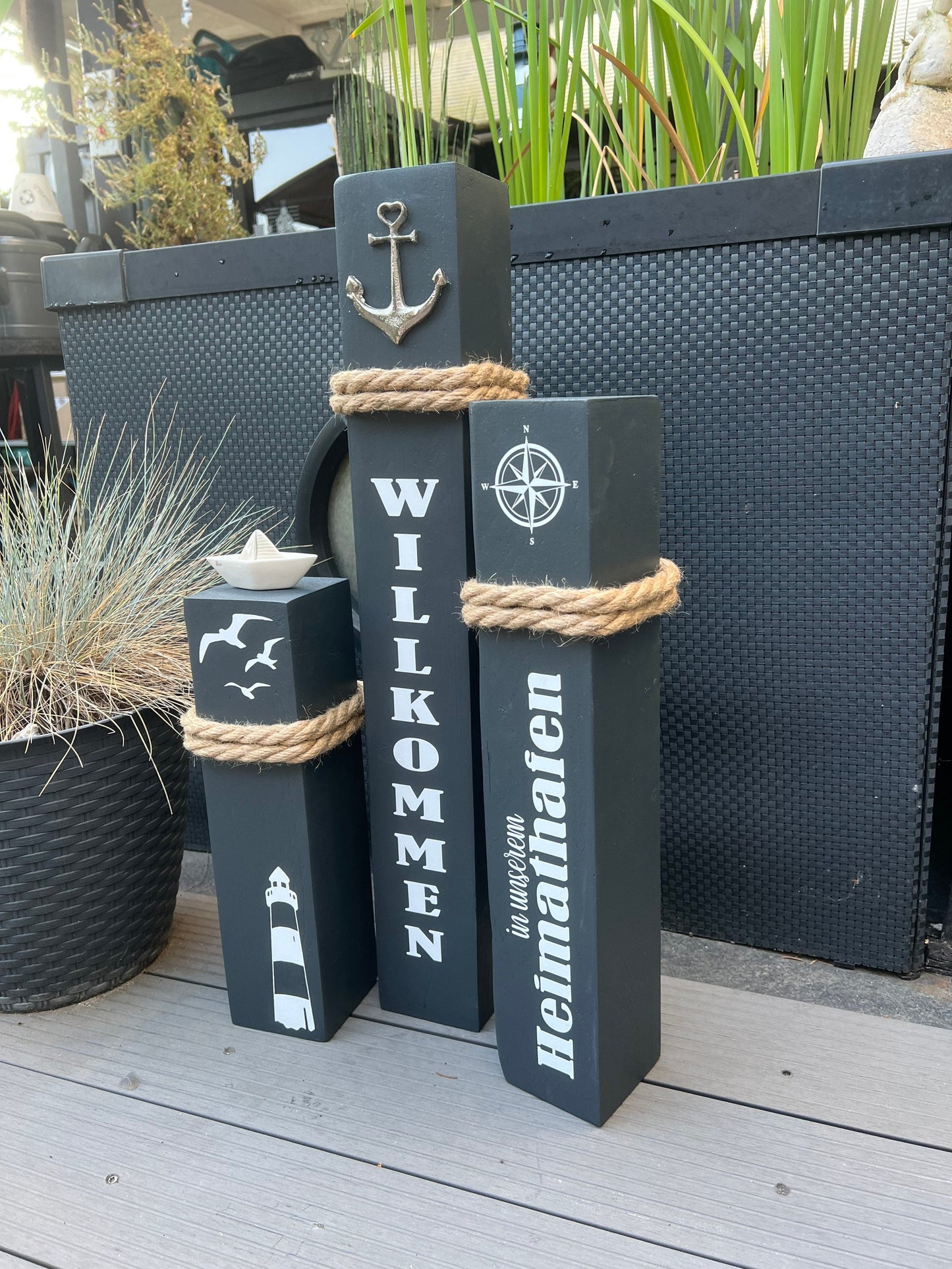 Set of 3 Decorative Wooden Columns | Nautical Anchor Bollard Stele | Coastal Garden & Home Port Decor | Handmade Maritime Decoration