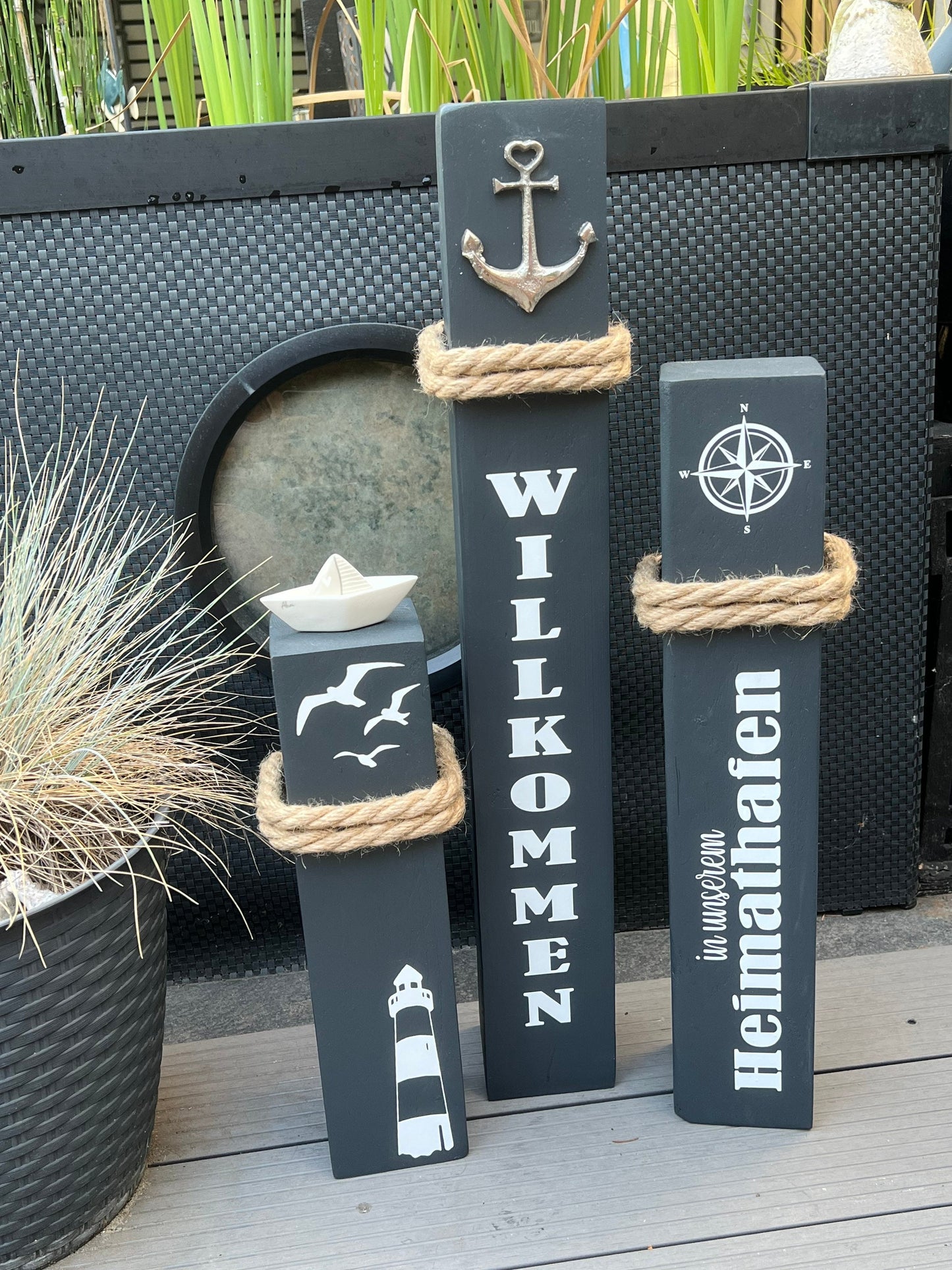 Set of 3 Decorative Wooden Columns | Nautical Anchor Bollard Stele | Coastal Garden & Home Port Decor | Handmade Maritime Decoration