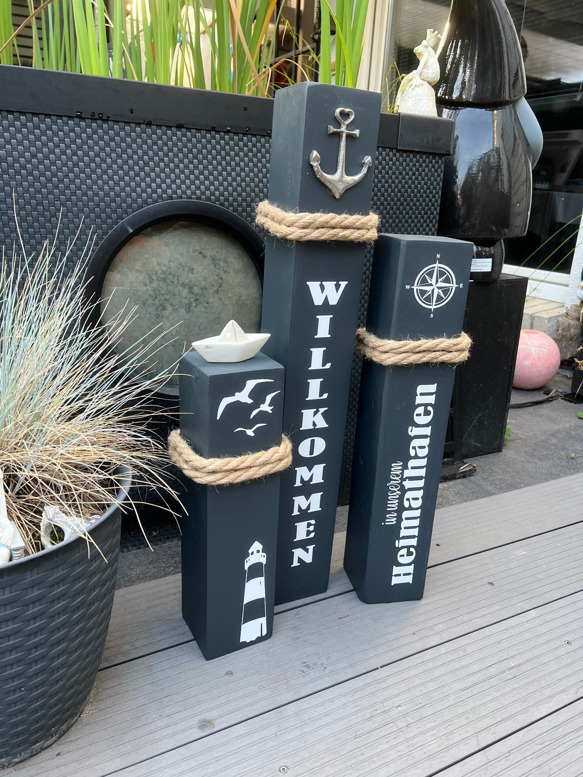 Set of 3 Decorative Wooden Columns | Nautical Anchor Bollard Stele | Coastal Garden & Home Port Decor | Handmade Maritime Decoration