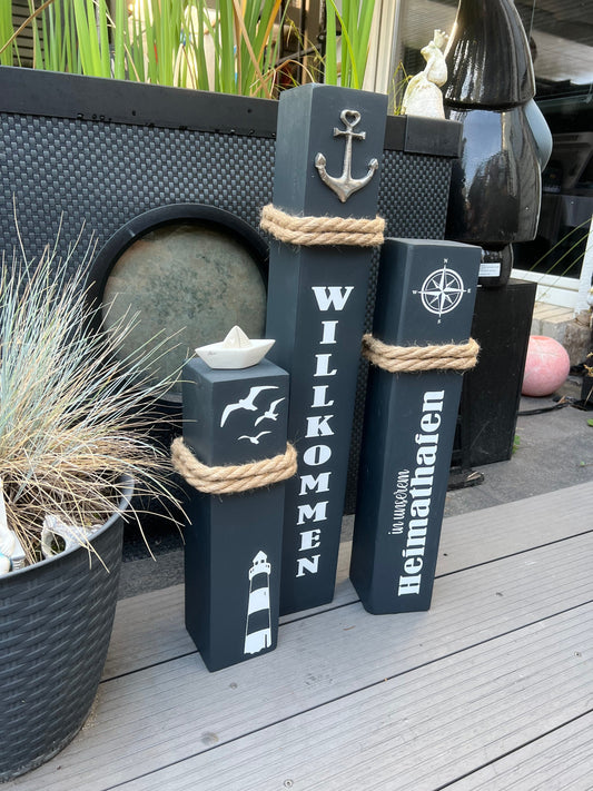 Set of 3 Decorative Wooden Columns | Nautical Anchor Bollard Stele | Coastal Garden & Home Port Decor | Handmade Maritime Decoration