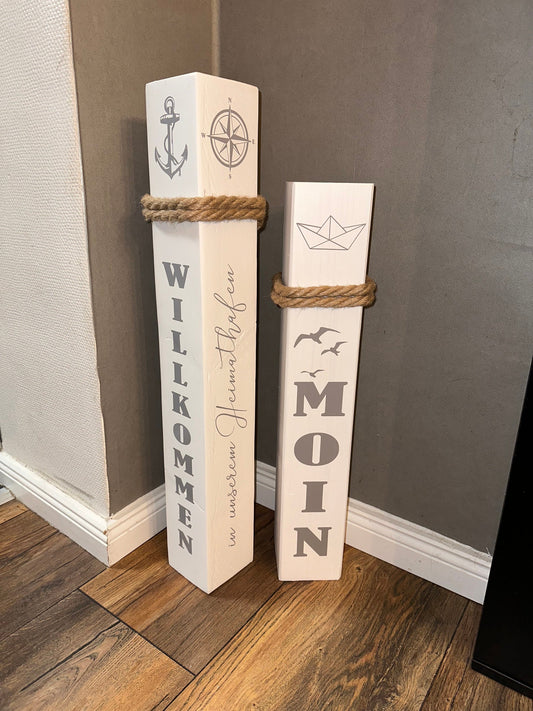 Nautical Wooden Bollards Set of 2 – Maritime Coastal Home Decor | Handmade Wooden Posts with Anchor & Moin | Beach House Decoration