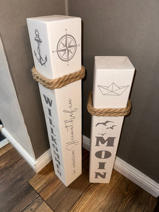 Nautical Wooden Bollards Set of 2 – Maritime Coastal Home Decor | Handmade Wooden Posts with Anchor & Moin | Beach House Decoration