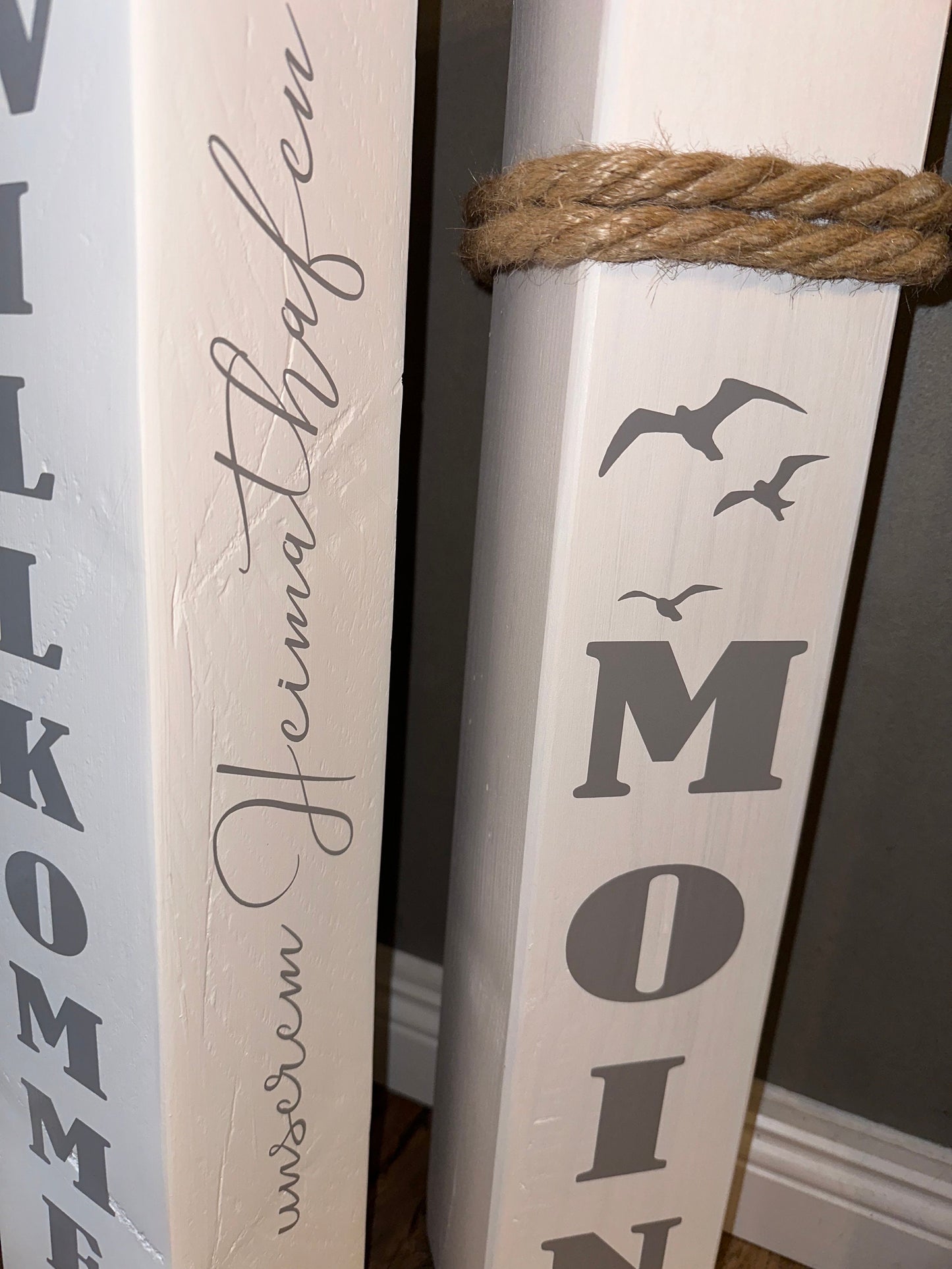 Nautical Wooden Bollards Set of 2 – Maritime Coastal Home Decor | Handmade Wooden Posts with Anchor & Moin | Beach House Decoration