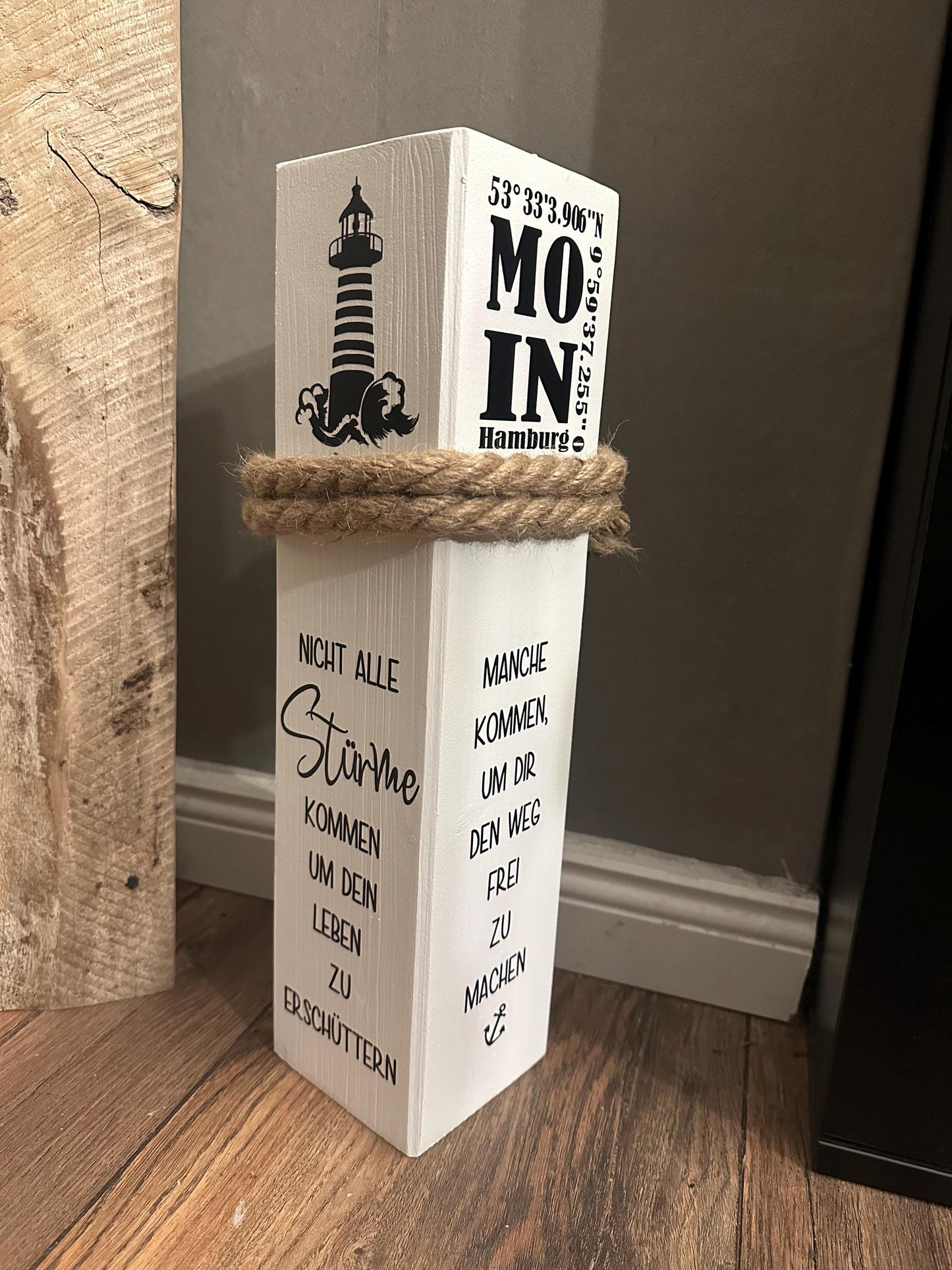 Personalized Bollard with Coordinates of Your City | Nautical Wooden Column | Custom Home Port Wedding Gift | Coastal Maritime Decor