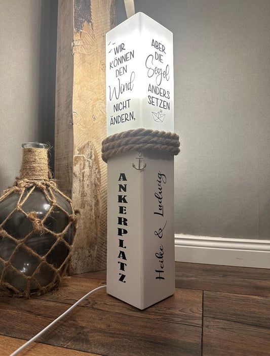 Personalized Wooden Lamp with Custom Text | Handmade Nautical Light | Wedding Gift | Coastal Home Decor | Rustic Maritime Table Lamp