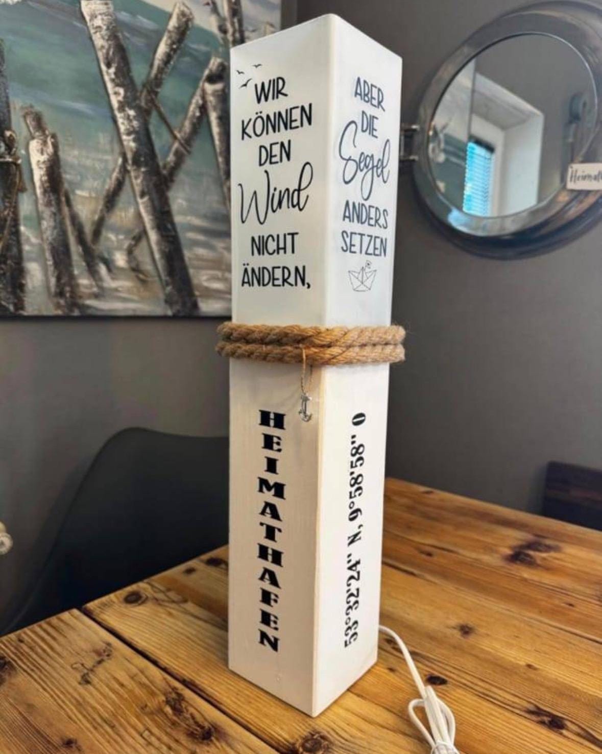 Personalized Wooden Lamp with Custom Text – Nautical Table Lamp 52 cm | Wedding Gift, Coastal Living & Ambient Lighting