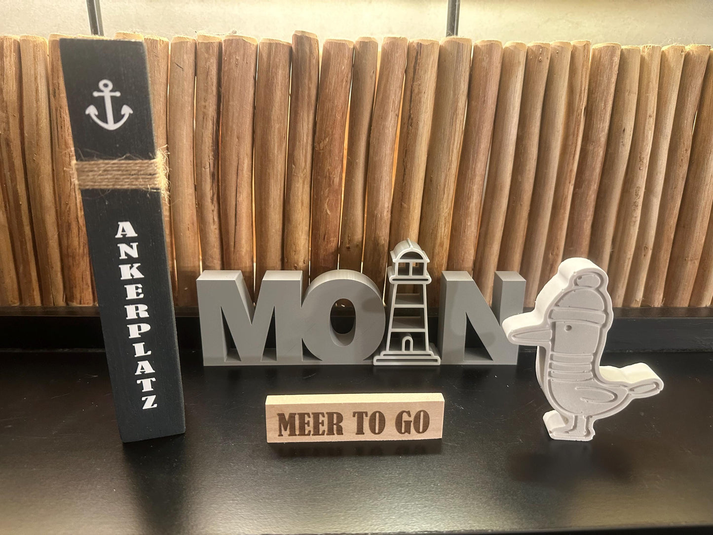 Meer to go Geschenkset | Maritimes Deko-Set aus Holz (Mini-Poller + MOIN-Schriftzug + Möwe) | Geschenkidee Einzug, Geburtstag, Weihnachten