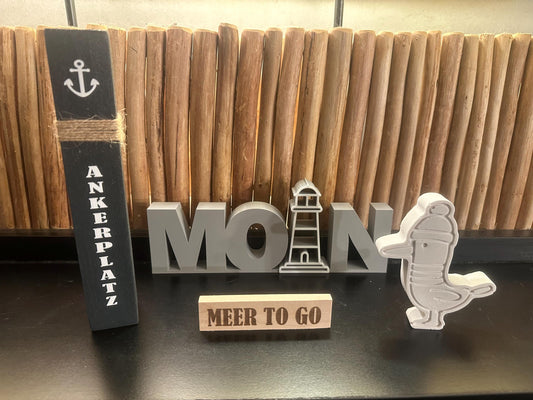 Meer to go Geschenkset | Maritimes Deko-Set aus Holz (Mini-Poller + MOIN-Schriftzug + Möwe) | Geschenkidee Einzug, Geburtstag, Weihnachten