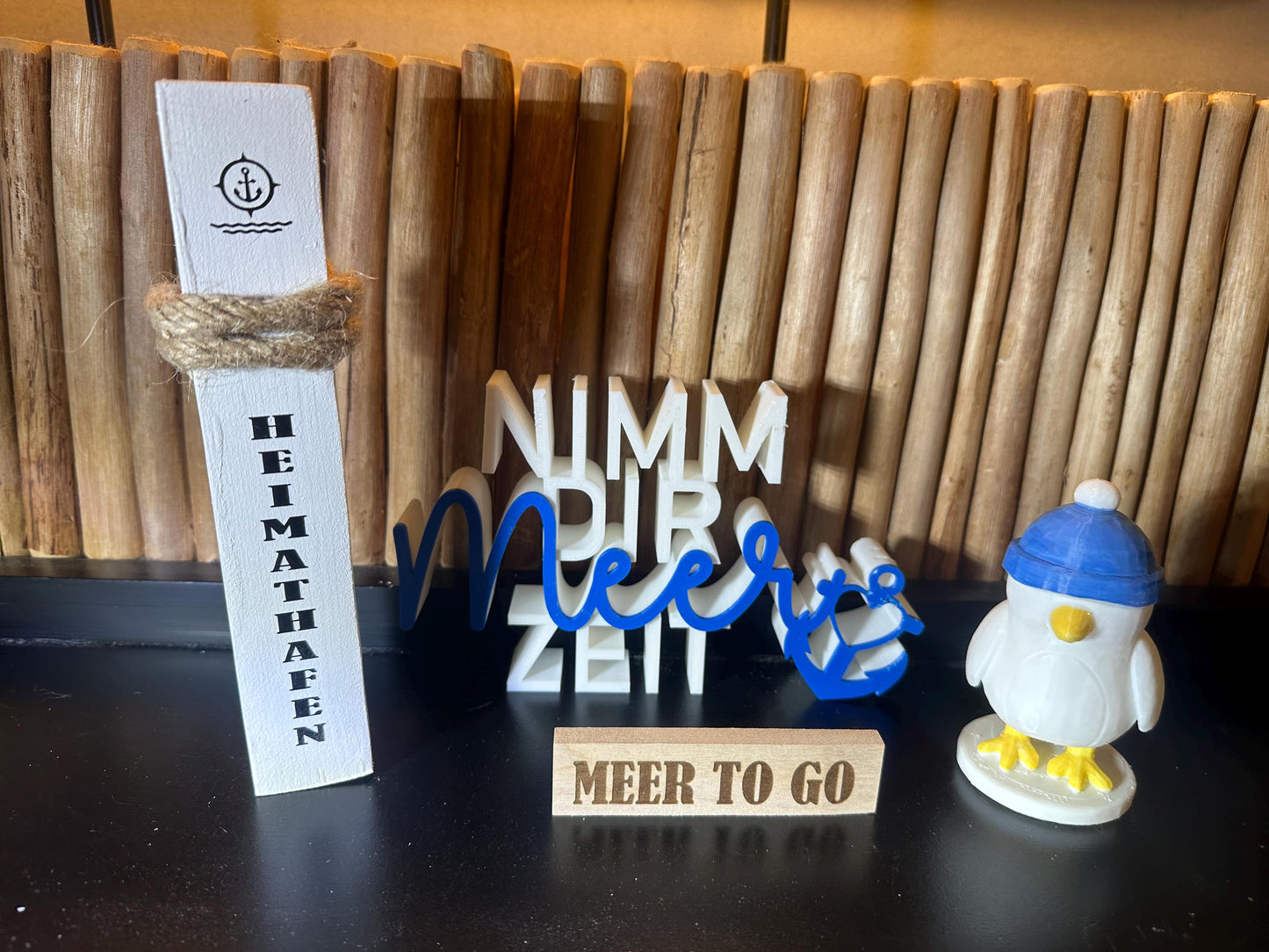 Meer to go Geschenkset „Heimathafen“ | Maritimes Deko-Set (Mini-Poller + Schriftzug + 3D-Möwe) | Geschenk Einzug, Geburtstag, Weihnachten