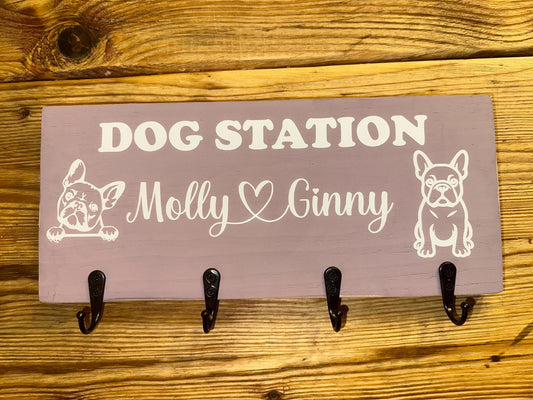 Personalized Dog Leash Holder | Wooden Dog Station with Name & Breed Symbol | Handmade Gift for Dog Owners | Custom Pet Leash Rack