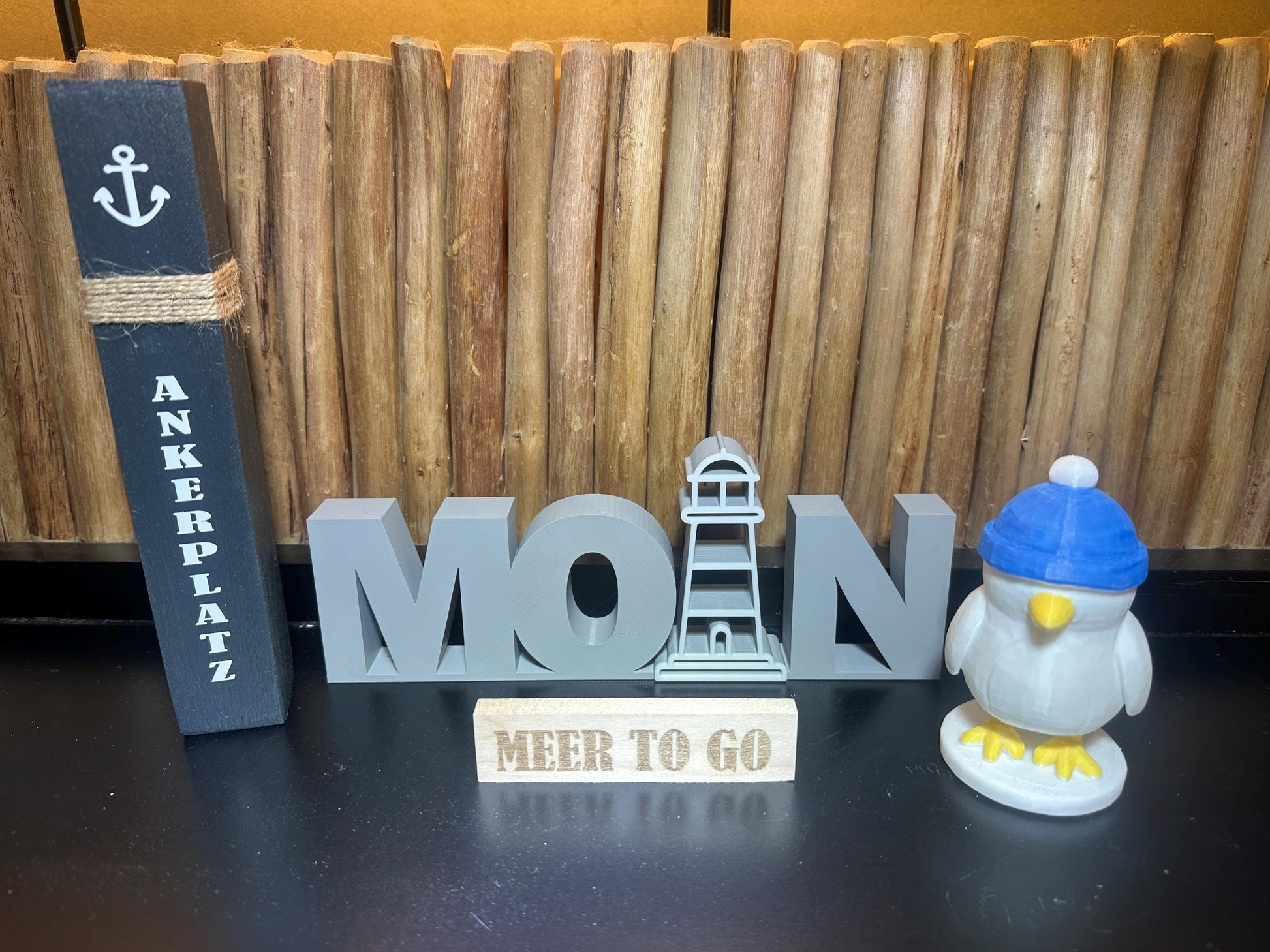 Meer to go Geschenkset, Maritimes Deko-Set (Mini-Poller + MOIN-Schriftzug + 3D-gedruckte Möwe) | Geschenk Einzug, Geburtstag, Weihnachten