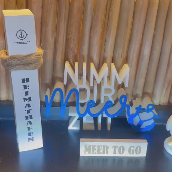 Meer to go Geschenkset „Heimathafen“ | Maritimes Deko-Set (Mini-Poller + Schriftzug + 3D-Möwe) | Geschenk Einzug, Geburtstag, Weihnachten
